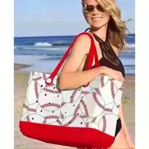 Red and White Baseball Print Tote Bag